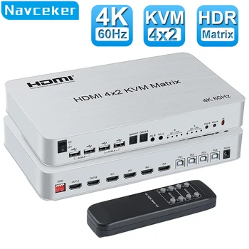 Navceker 4K 60Hz Matriz HDMI Switch KVM 4x2 4 Em 2 Out Comutador KVM para Monitor Duplo 4 portas KVM Switch Matrix Switcher HDMI, USB, PC