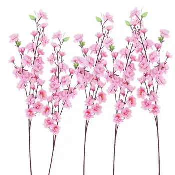 6pcs Flor de Pêssego Simulação de Flores Artificiais, Flores de Seda Buquê de Toque Real Flores de Casamento de Flor de Cerejeira Falso Flor de DIY