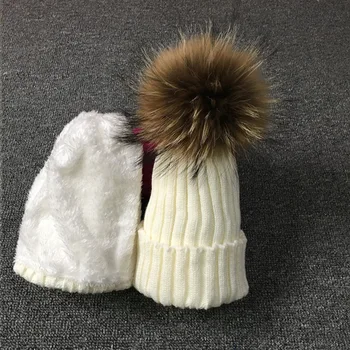 2022 crianças de inverno, chapéus Fahion Skullies chapéu de Malha infantil beanies menino meninas Real Raccoon pele pompom chapéus conjunto de crianças, chapéus, lenço de
