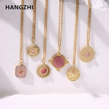 HangZhi cor-de-Rosa Geométrica Natural de Pedra, Flor do Sol Oco Sextavado Praça de Estrela Pingente de Colar da Moda para as Mulheres Jóia do Partido Novo