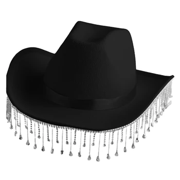 Diamante Franja Noiva em reverssa Chapéu de Verão Vintage Chapéu de Cowboy Strass Franja Cowgirl Chapéu de Presente para as Mulheres Garota Ocidental Chapéu