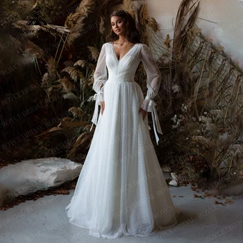 Boho Longo Puff Luva De Casamento De Praia Vestidos De Profundo Decote Em V Sem Encosto Trem Da Varredura Simples De Noiva Vestidos De Vestes Vestido De Noiva 2022