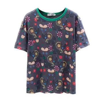 Nós Euro Verão Solto Mulheres T-Shirt Cinza Threaded Colar De Flores Tees Feminino De Impressão Harajuku Cartoon Elefante Borboleta Tops Senhora