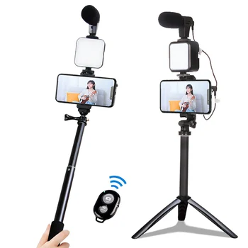 DIODO emissor de Luz de Preenchimento de Microfone Portátil Tripé de Vídeo ao Vivo de Telefone do Suporte de Fotografia Selfie Vara de Gravação de Lidar com Estabilizador de Bluetooth