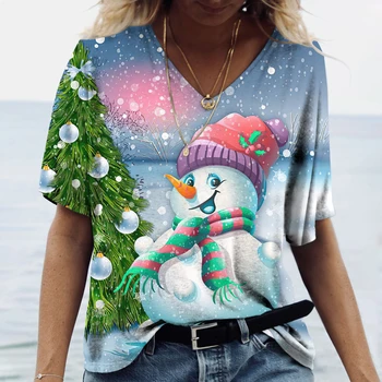 2022 Nova Algodão de Natal Boneco de neve Bonito Decote em V T-Shirt das Mulheres Camisa de Moda Casual Manga Curta Topo Tee Senhoras Roupa de Menina