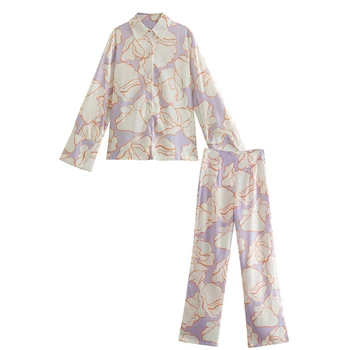 2022 Nova Moda de Pijamas Mulheres Pijama Elegante Retro Impressão Casual, 2 peças de Conjunto de mangas compridas High Street Terno Feminino Casa Terno