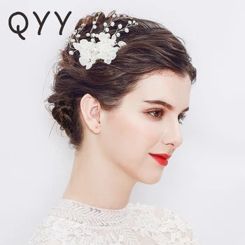 QYY Lvory Branco de Noiva de Gaze de Cabelo Pentes de Cabeça de Flor Crystal Fashion de Cabelo de Noiva Ornamentos de Jóias Acessórios Mulheres Postiços
