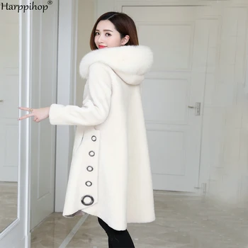 O grânulo de ovelha tosquiada casaco de pele de fêmea longa secção 2019 inverno nova pele de raposa com capuz de um casaco de pele