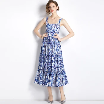 Pista de Roupas de grife Vestido de Verão das Mulheres 2022 Vintage Impressão Midi Vestido Azul e a Branca da Porcelana Vestidos de Festa