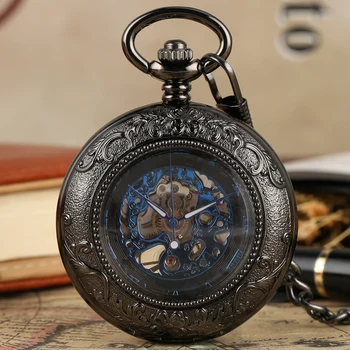 Vidro Transparente Azul Numerais Romanos Apresentar Mecânica Relógio De Bolso Vintage Pingente De Relógio De Bolso Manual De Mecanismo De Relógio