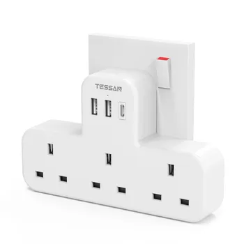 TESSAN UK Plug Adaptador de extensão com 1 Porta C (5V/3A) 2 USB (5V/2.4) 3 Tomadas de CA 6 Em 1 Multi USB Plug Socket para o Lar