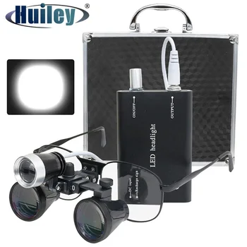 3,5 X 2,5 X Dental Lupas Binoculares Farol de LED da Bateria de Lítio para o Vidro Óptico da lente de aumento 320-420mm Dental Lupas Conjunto de caixa de Metal
