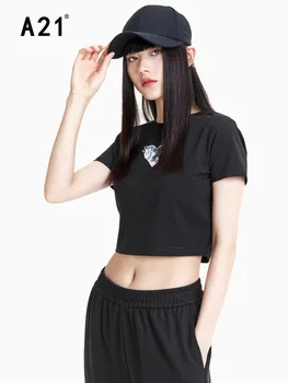 A21 de Vestuário Feminino Curto T-shirt das Mulheres 2022 Verão Fashion Estilo coreano Gola Redonda, Manga Curta Amo Todos-jogo Blusa