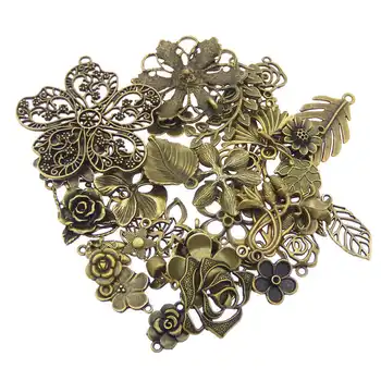 GraceAngie 30pcs Bronze Antigo Mini Encantos Aleatoriamente Misto de Flores E Folhas Pingente de Suspensão Colar de Jóias Acessório