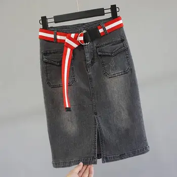 Grande Cintura Alta Lavado Fenda Hemline Estilo De Saia Jeans Saia De Uma Linha De Verão Da Mulher Saias Mujer Faldas Saias Mulher