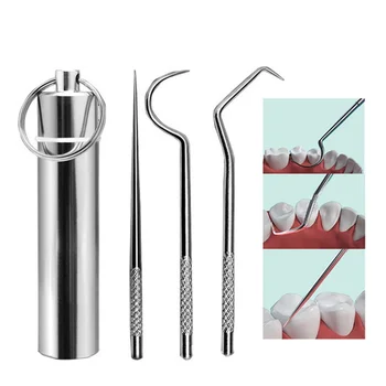 3pcs/set de Aço Inoxidável Palitos de dente e fio Dental Oral Care Ferramenta de Palitos de dente Recipiente Portátil Chaveiro Palitos de dente com rosca
