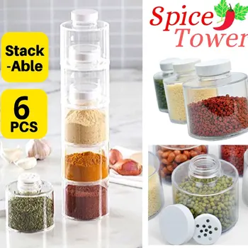 6pcs Transparente Spice Jar Conjunto de Sal e Pimenta Tempero Garrafa Empilhável Cozinha com o Tempero Galheteiro Recipiente de Armazenamento de Especiarias
