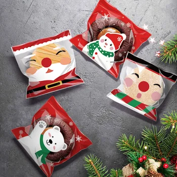 100pcs Natal Cookie Sacos de Presente de Auto-Adesivas, Sacos de Doces Lanche Sacos de Embalagem Para a Casa de Natal Festa de Ano Novo Decoração