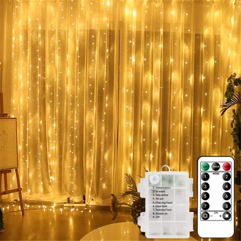 3M Cortina do DIODO emissor de Luz Seqüência de Bateria, Luzes de Fadas 8 Modos de Controle Remoto de Natal Férias de Decoração Para a Casa da Janela Festa de Casamento
