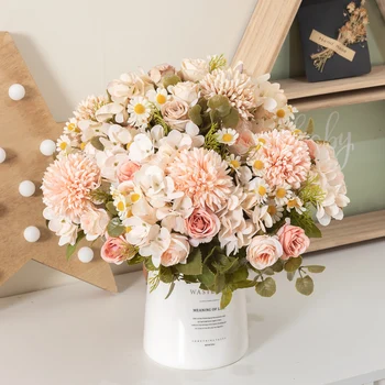 Hortênsia girassol seda artificial flor rosa festa de casamento, decoração, bouquet de noiva, buquê mesa da sala de configuração falso flores