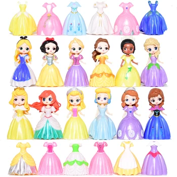 12Dolls+24Clothing Disney Congelados Branca de Neve Sofia Mutável Roupas de Boneca Cartoon Anime Figura de Ação Elsa Anna Decoração Brinquedos