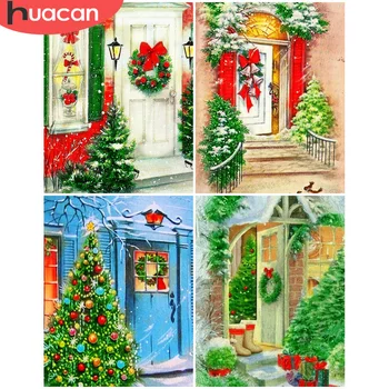 HUACAN Colorindo Por Número Inverno Porta de Desenho Sobre Tela pintado à mão de Arte Presente DIY da Pintura a Óleo da Árvore de Natal Kits de Decoração para Casa