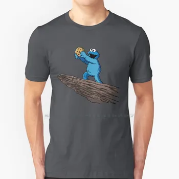 O Cookie Rei T-Shirt 100% Algodão Puro Monster Cookie Monstro Azul Com Um Biscoito Na Mão Montanha De Pedra Selvagem Monte De Desenho