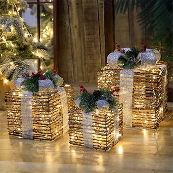 3pcs Natal Iluminado Caixas de Presente de Decoração de 15/20/25cm de Natal de LED Caixas Conjunto com Arcos de Caixas de Presente para o Natal
