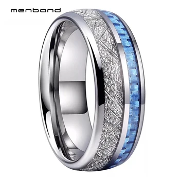 O Anel de Tungstênio 8MM Anel de Casamento Para Homens E Mulheres Com Azul de Fibra de Carbono E Meteorito Embutimento Ajuste de Conforto