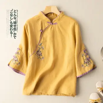 5colors Mulheres de Estilo Chinês, Bordados Qipao Tops de Algodão Retrô Camisas de Linho Zen Chá Roupas Cheongsam T-shirt Blusa de Roupas