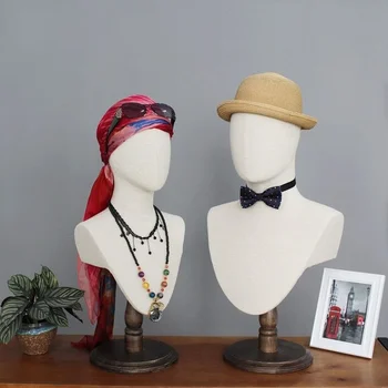 Capa de tecido Feminino Manequim Cabeça de Manequim com o Ombro Masculino Manequim Cabeça de Modelo de Busto, com Suporte em Madeira para Chapéu de Exibição