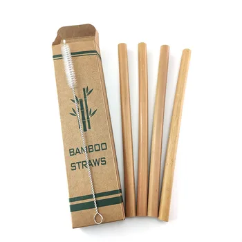 4pcs de Bambu Natural Canudo de Bambu Biodegradáveis Canudos Reutilizáveis de Palha, que Viajam Conjunto com a Escova de Limpeza de Cana-de-açúcar Palha