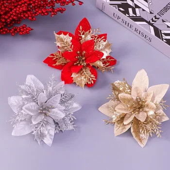 10Pcs 14cm de Natal de Brilho de Flor Artificial Chefes de Natal Enfeites de Árvore de Falso Flor fontes do Casamento