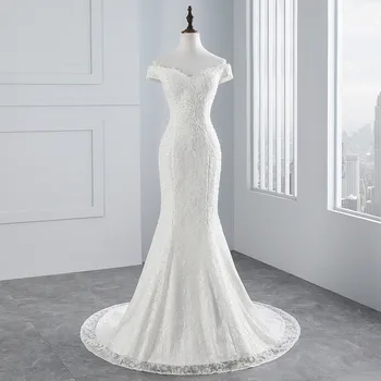 Foto Real do estilo novo do barco pescoço bonita do laço de vestido de noiva para o casamento, Vestido de noiva vestido de noiva Sereia