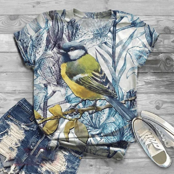 Vintage Pássaro Pintado Mulheres Camiseta Top de Manga Curta Animal Impresso O Pescoço T-Shirt Femme Verão Senhoras 2021 Verão T-shirts