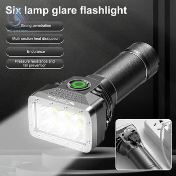 6LED Lanterna Recarregável USB Lanterna de LED de Alto Brilho de Exibição de Energia de Emergência Potente Lanterna de Longo Alcance para o Exterior