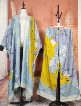 Nova Moda Kuwait Mulheres Boho Duas Peças de roupa Para o Verão Livre Tamanho de Férias, de Praia, de Biquíni Kimonos + Calças Muçulmanos e Vestuário