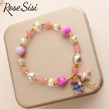 Rose sisi Japonês e coreano lindo bracelete de cristal colorido para as mulheres de charme pulseiras Praça pingente Mulher jóia para a mulher