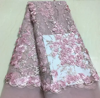 Cor-de-rosa de Noiva Nigeriano de Casamento do Laço Material Flores em 3D Laço de Tecido de Alta Qualidade Lantejoulas Africana Laço de Tecido Para o Vestido de Festa CD990