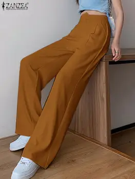 Moda Plissada Calças compridas ZANZEA Elegante Calça de Cintura Alta coreano Mulheres Desgaste de Escritório Reta Calça Casual Solta Outono Pantalon