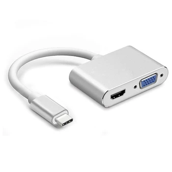 USB C 3.1 HDTV VGA 2 em 1 Vídeo Extender Hub Tipo de Adaptador C ao Compatíveis com HDMI, VGA Mini Cabo do Conversor para o Macbook e Portáteis