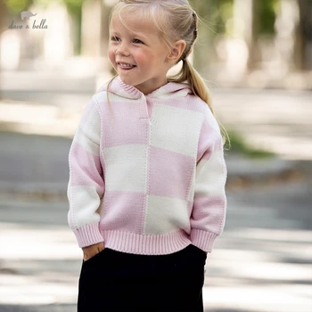 DB18584 dave bella inverno do bebê bonito meninas de Natal xadrez com capuz camisola de malha da menina das crianças de moda bebê boutique tops