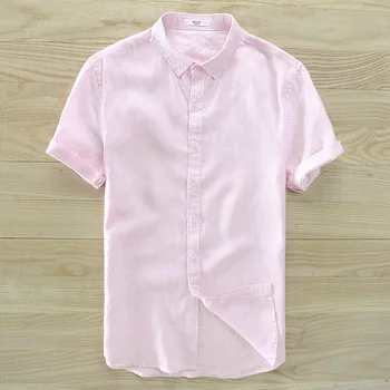 Estilo espanhol Suehaiwe a marca de manga curta de verão, camisa rosa dos homens de moda casual homens camisas de linho, camisa social masculina 3XL