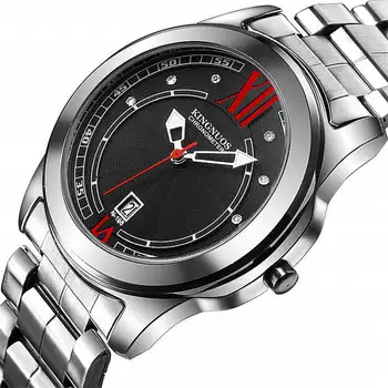 KINGNUOS Homens Relógio Autêntico Marcas de Relógio de Quartzo do Relógio de Aço Inoxidável da Faixa Vermelha Calendário Preto, Impermeável, Relógios de Pulso FD1354