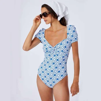 Blue Print Moda Um Maiô Azul Férias Beachwear Designer De Roupa De Banho Verão De Surf Wear