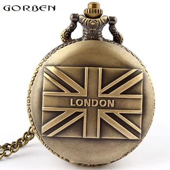 Antigo Vintage Bronze Bandeira do reino UNIDO Londres Steampunk Quartzo Relógio de Bolso Colar de Cadeia de Homens, Mulheres Presente Reloj de bolsillo
