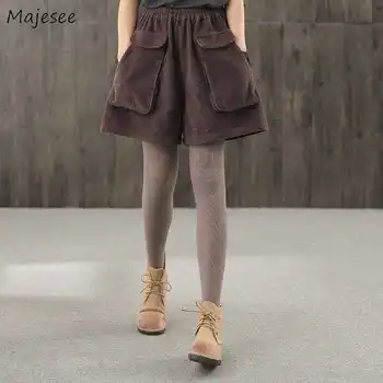 Shorts Mulheres Engrossar Veludo Retrô de Cintura Alta Elástico Simples Moda Sólido, Elegante, Tudo de correspondência Solta Senhoras Estilo coreano de Outono