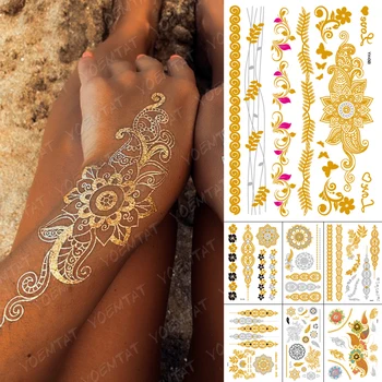 Impermeável Da Etiqueta Temporária Tatuagem De Flores Mandala Henna Ouro, Prata Metalizado Flash Tatoo Boho Lotus Jóias Do Brilho Da Arte Corporal