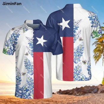 Texas Bandeira Bluebonnets 3D Full Impresso polos Homens Camiseta de Verão de Abertura Gola Tee Feminino Top Unissex, Moda Streetwear 02
