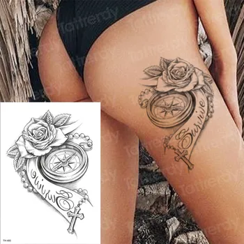 tatuagens temporárias de rosa menina o corpo da tatuagem na coxa da perna tatuagem sexy de verão de tatoo grandes transferência de água tatto bússola cruz 3D tatuagens do braço